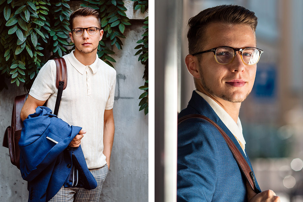Squared Tom Ford prescription glasses in brown and black for men.